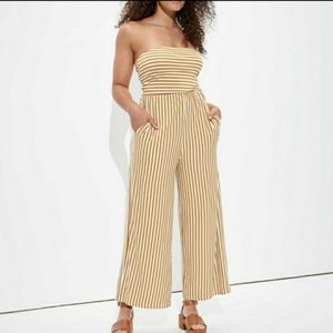 American Eagle Yellow Striped Strapless Jumpsuit
